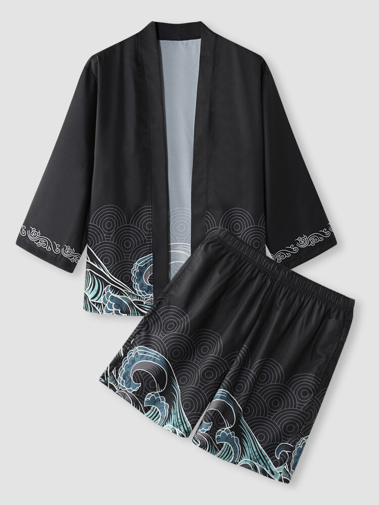 Mens Japanese Style Wave Print Kimono Loose Two Pieces Outfits