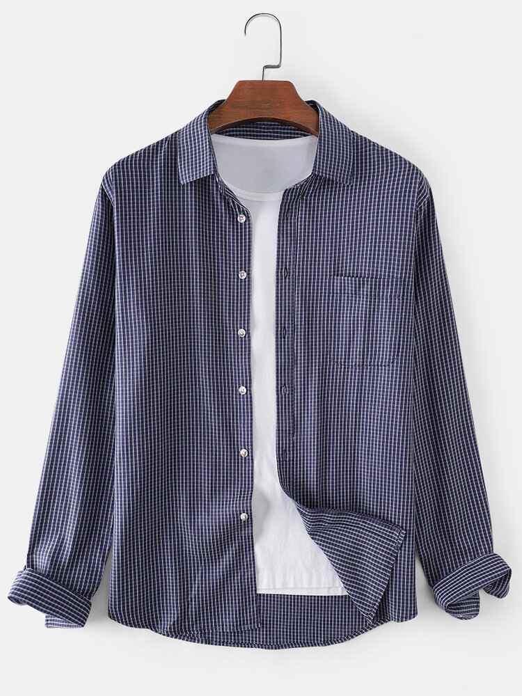Mens Simple Plaid Print Solid Color Casual Loose Long Sleeve Shirts