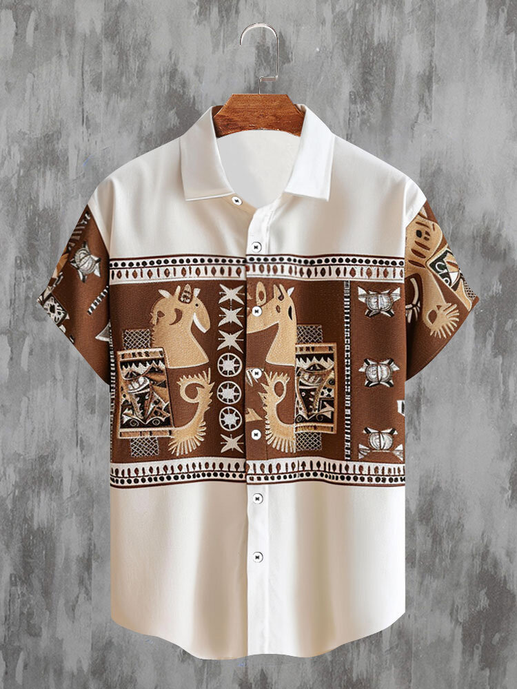 Mens Ethnic Geometric Pattern Lapel Collar Shirts