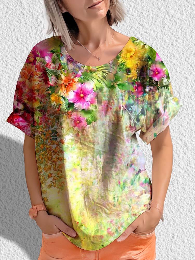 Colorful Floral Plant Print Crew Neck Vacation Short Sleeve T-Shirt