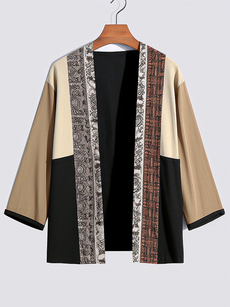 

Mens Ethnic Pattern Color Block Patchwork Loose 3/4 Sleeve Kimono, Apricot