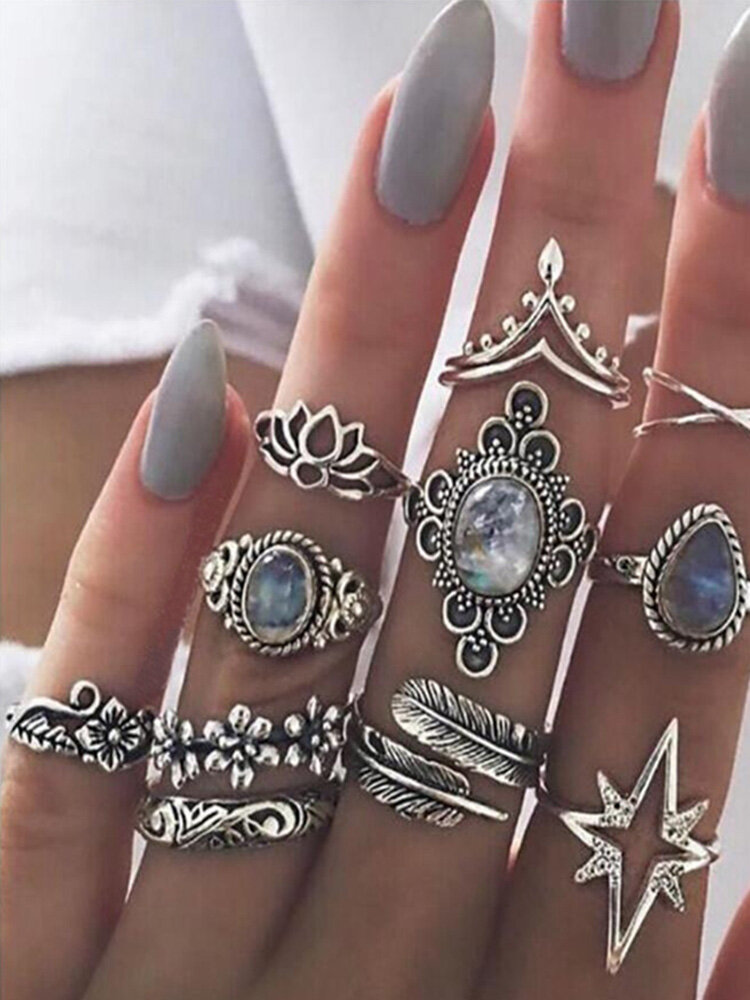 Vintage Finger Ring Starry Gem Leaves Flower Butterfly Knuckle Rings Set Fashion Jewelry for Women