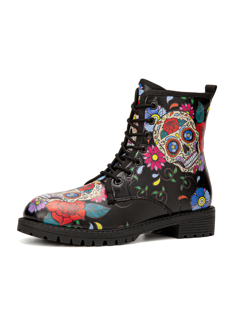 Large Size Halloween Colorful Funny Skull & Flowers Pattern Comfy Tooling Boots For Women