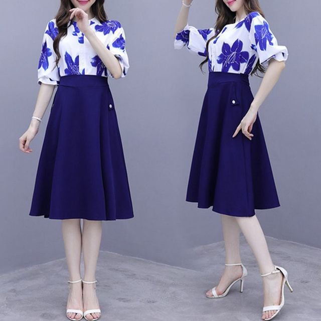 Two-piece Suit Season New Women's Net Red Foreign Fashion Printed Shirt Fashion Waist Skirt Suit