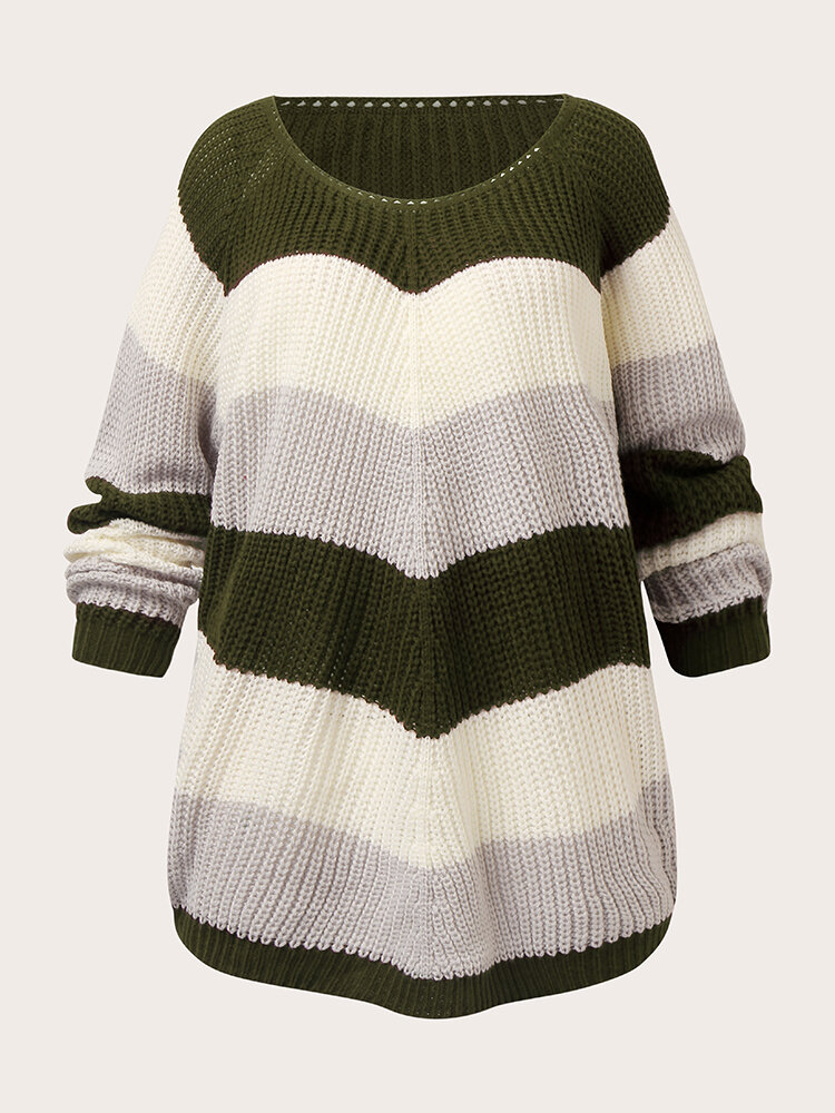 Plus Size Contrast Color Round Neck Knitted Casual Sweater