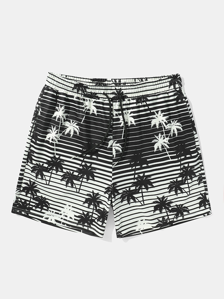 Mens Coconut Tree Striped Print Holiday Loose Drawstring Shorts