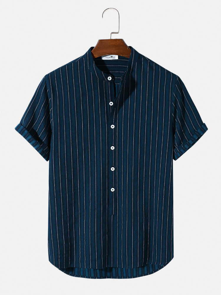 Designer Mens Stripe Texture Half Button Short Sleeve 100% Cotton Henley Shirts