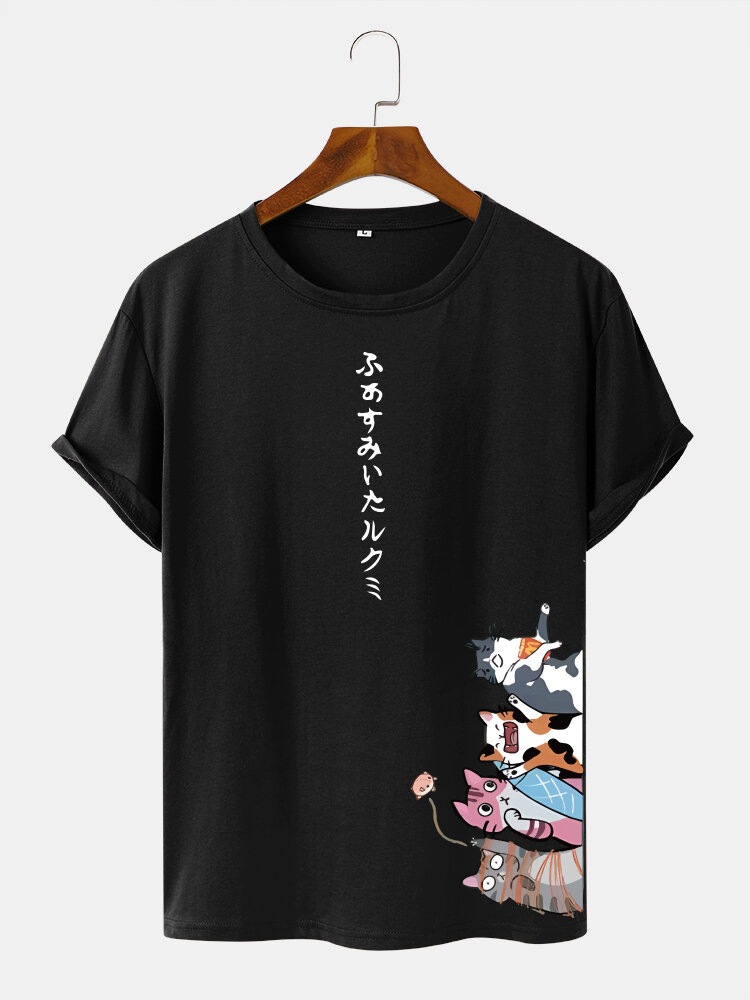 Mens Japanese Cartoon Cat Printed Crew Neck Short Sleeve T-Shirt