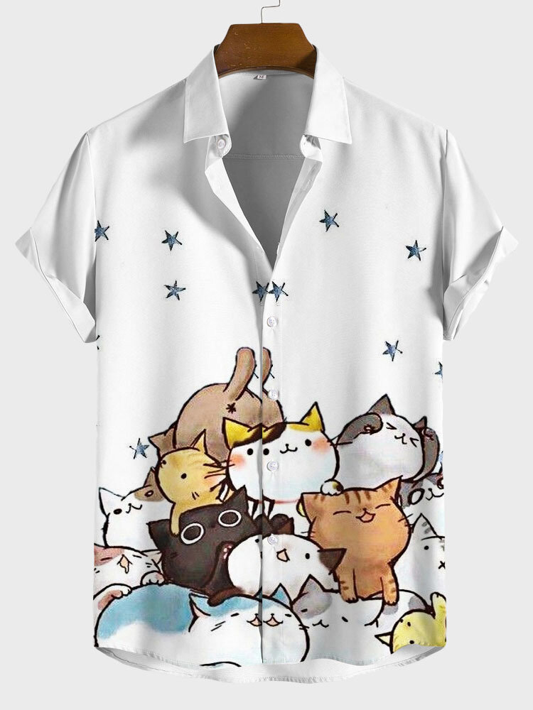 Chemises à manches courtes à revers imprimé chat de dessin animé pour hommes