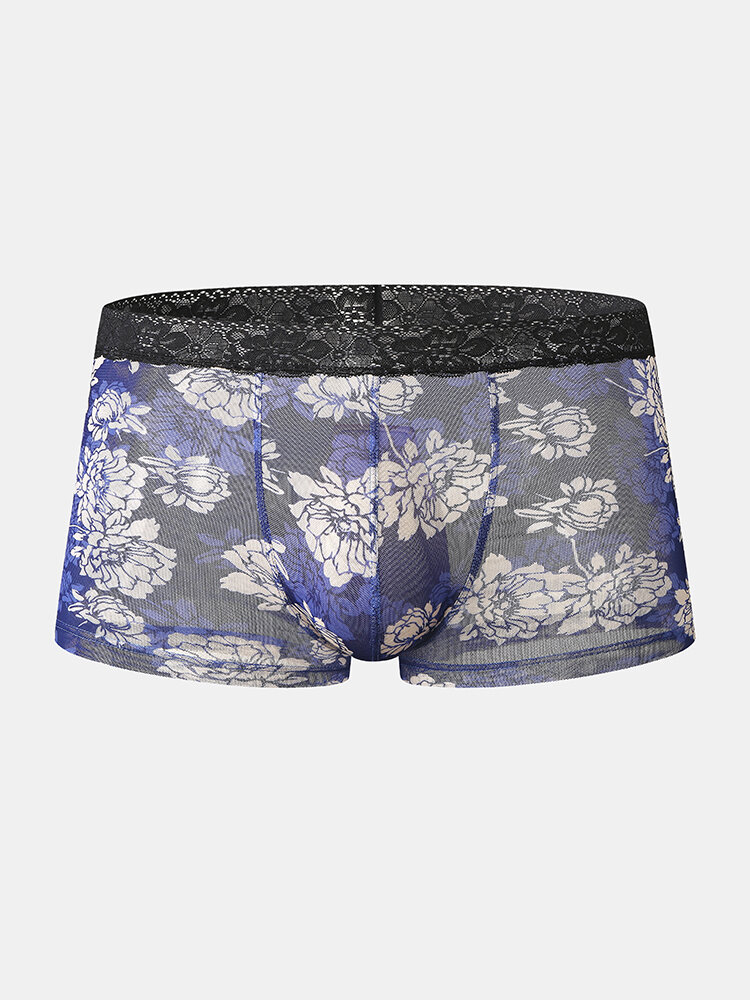 

Mens Floral Mesh See Through Lace Underwear Breathable Thin Boxers, Black;green;blue