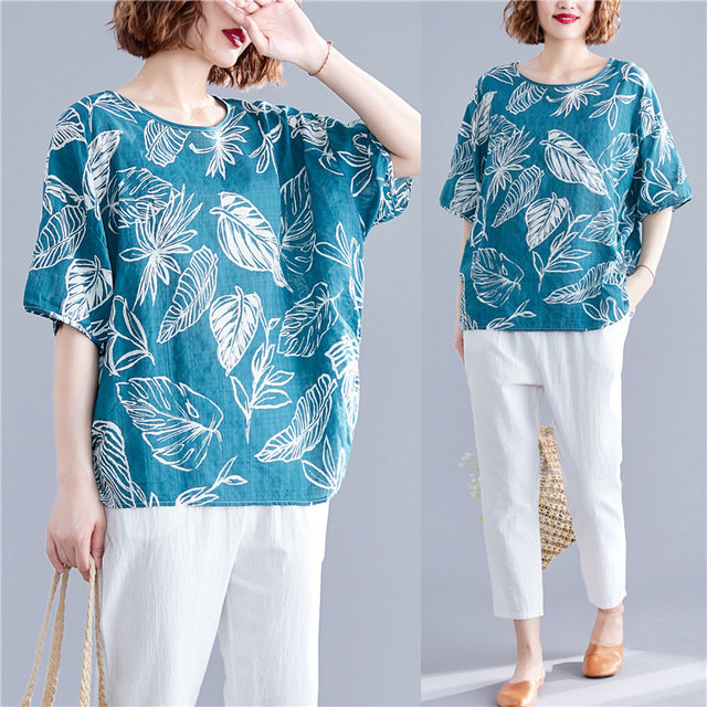 Cotton And Linen Women's Shirts, New Style, Loose Tops, Ethnic Style, Exotic Style, Leaf Prints, Small Shirts