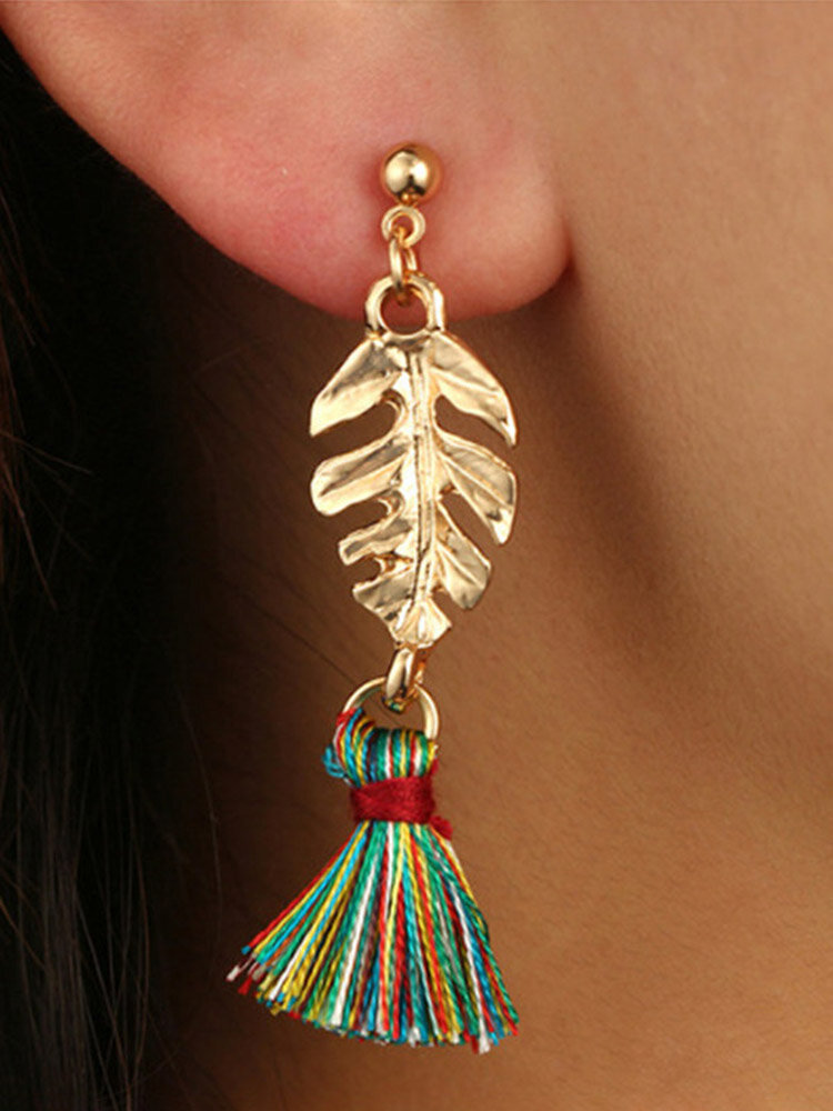 

Vintage Ear Drop Earrings Gold Leaf Fabric Colorful Tassels Charm Earrings Ethnic Jewelry for Women
