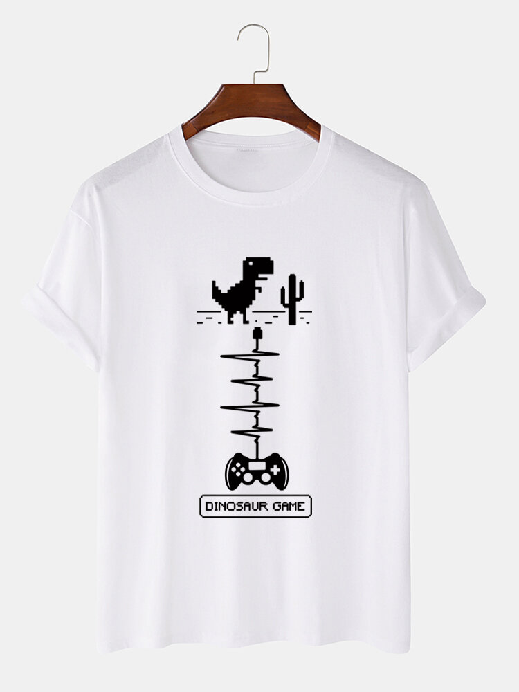Mens Cartoon Dinosaur Gamepad Print Cotton Short Sleeve T-Shirts