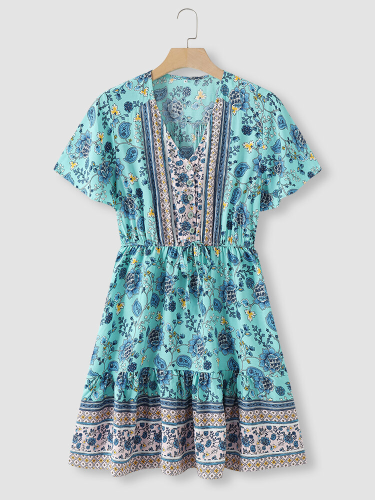 Floral Print Drawstring Button Short Sleeve V-neck Bohemian Dress