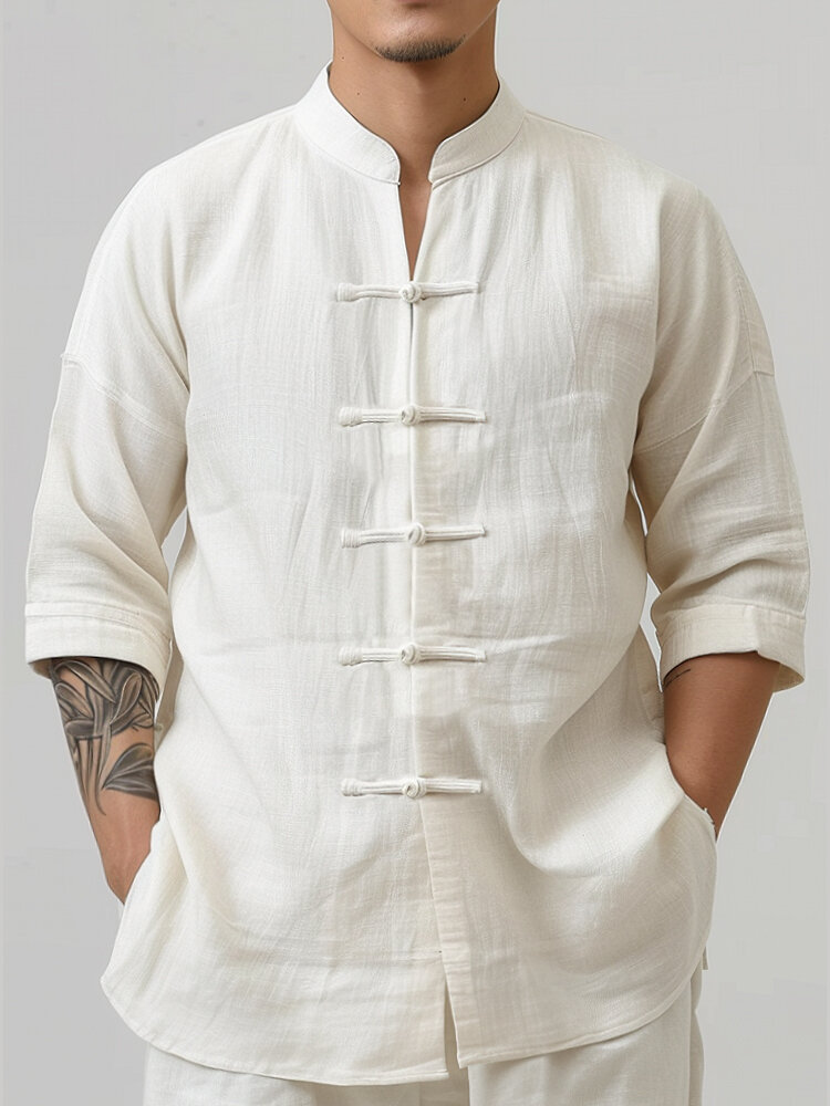 

Mens Chinese Frog Button Stand Collar Solid 3/4 Sleeve Shirts, White