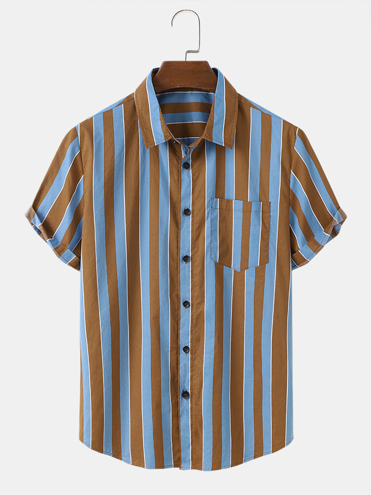 Mens Striped Chest Pocket Button Up Short Sleeve Shirts