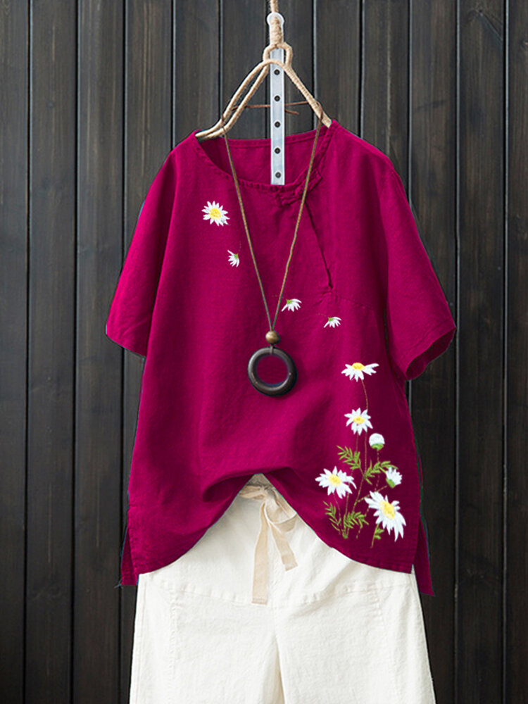 Daisy Flower Embroidery Buckle Short Sleeve Vintage T-shirt