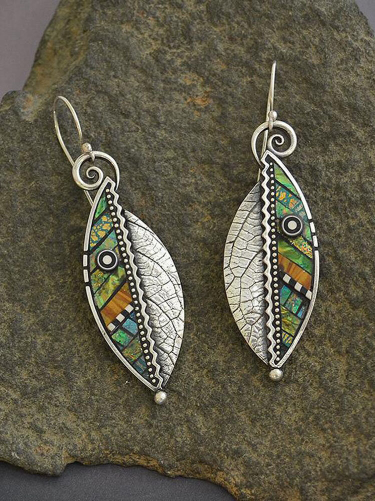 Vintage 925 Silver Plated Geometric Abstract Iridescent Green Leaf Earrings Serrated Leaf Pendant Necklace