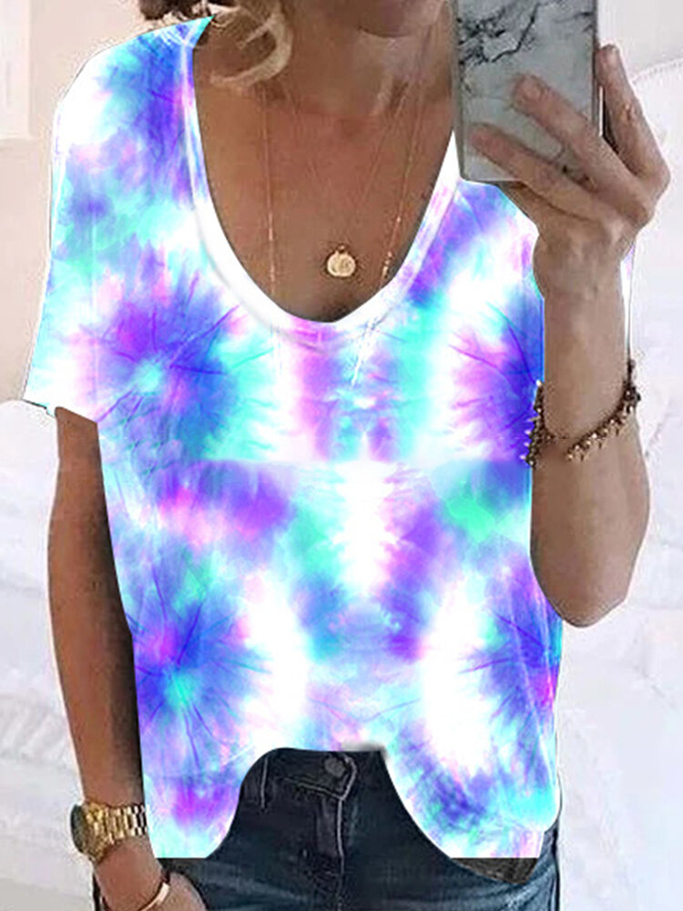 Tie-dye Printed Ombre O-neck Short Sleeve T-shirt
