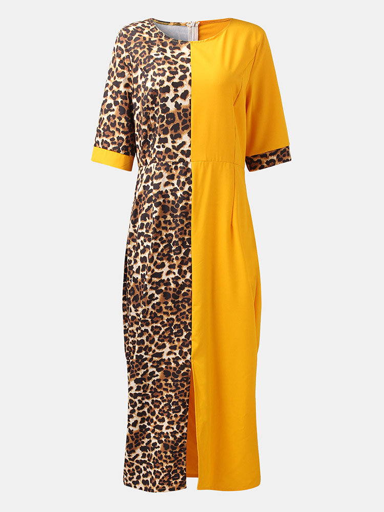 Leopard Print Patchwork Slit Hem Pocket Plus Size Long Dress