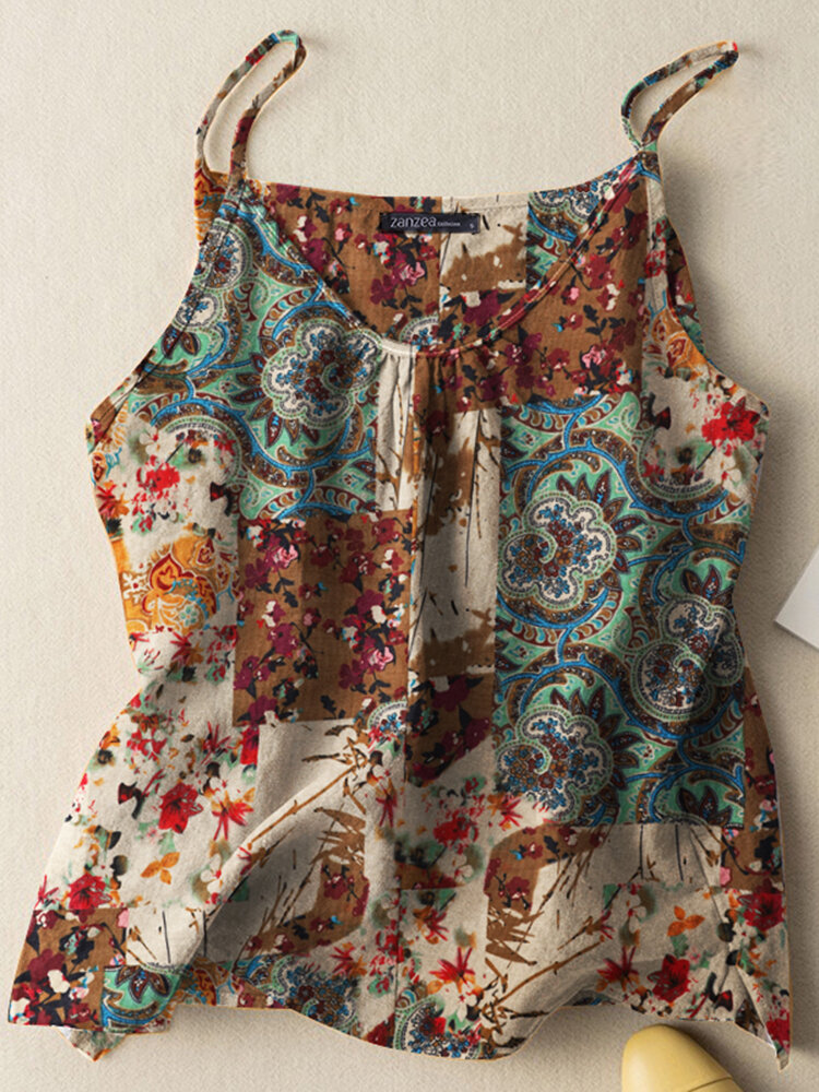 Camisola con tirantes finos de algodón con estampado floral étnico vintage para mujer