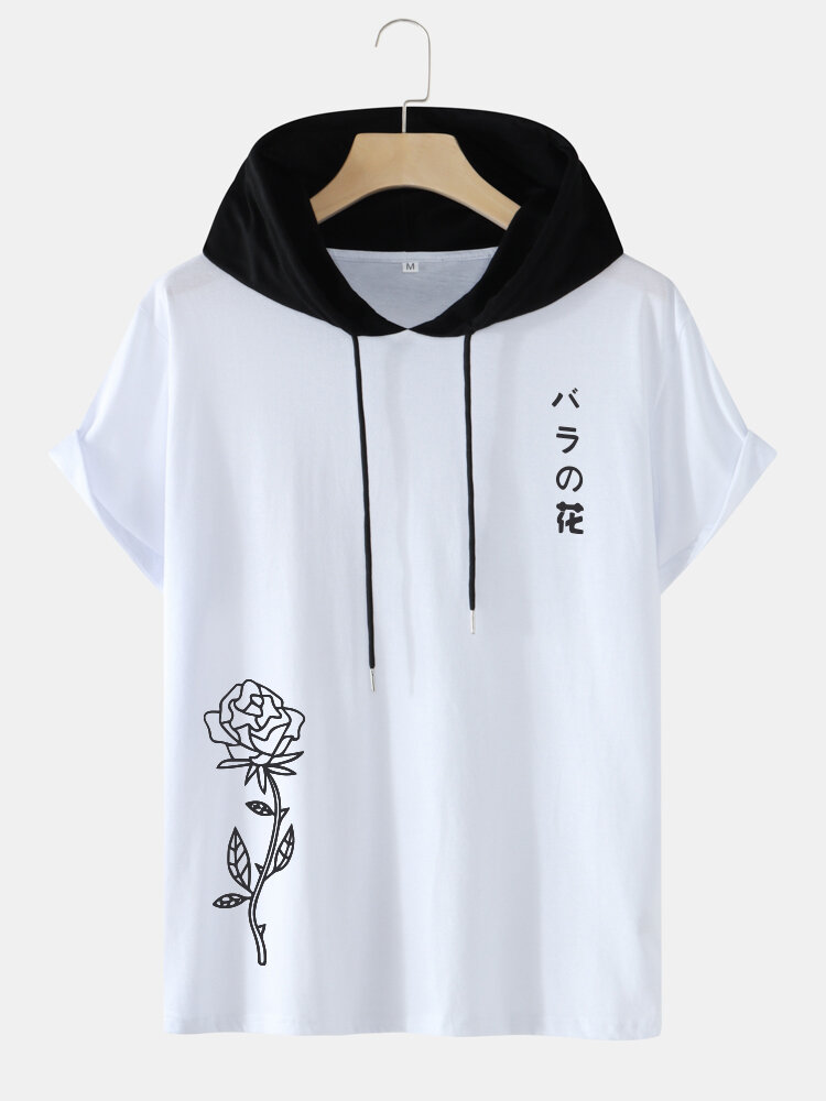 Mens Rose Japanese Print Short Sleeve Contrast Hooded T-Shirts