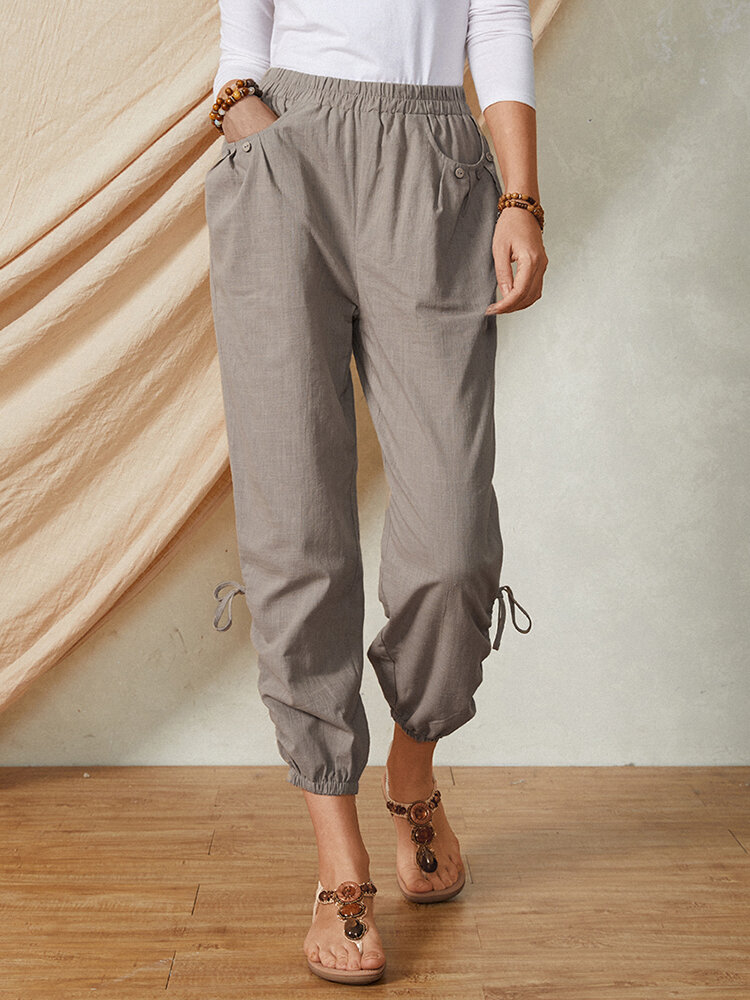 Solid Color Pocket Elastic Waist Drawstring Design Casual Cotton Women Pants