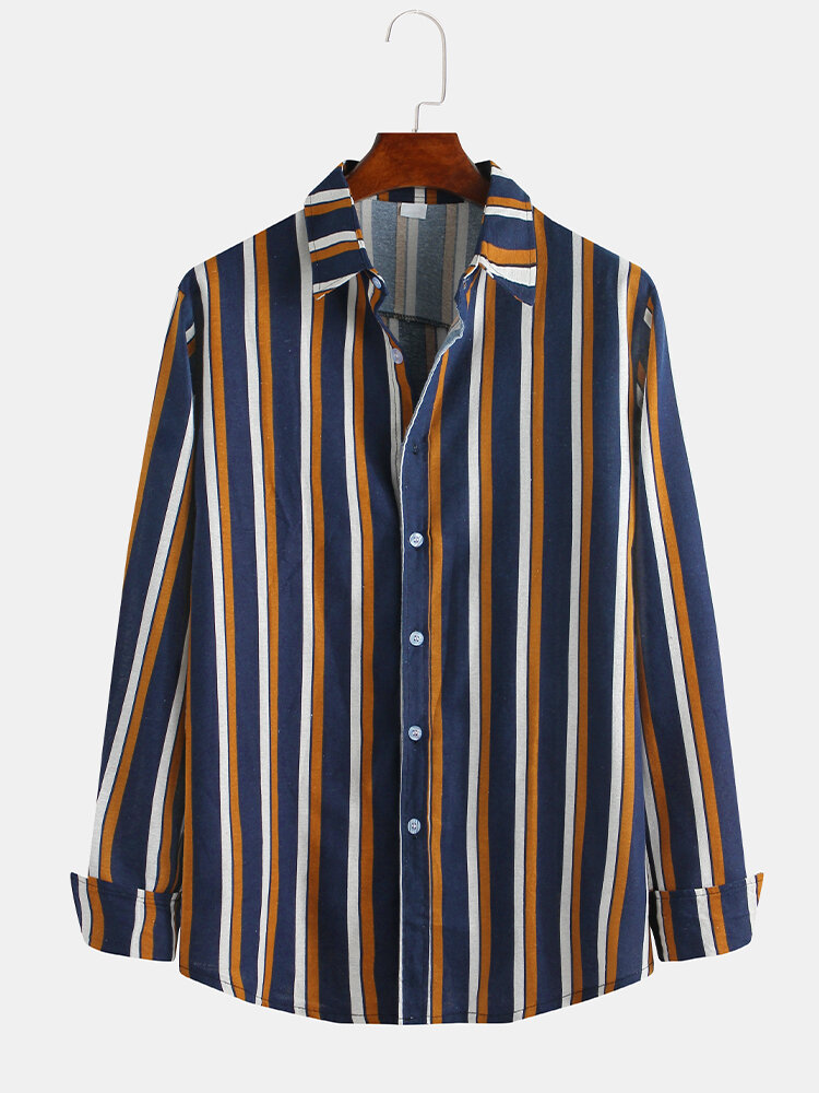 Mens Cotton Vintage Three-colors Striped Long Sleeve Casual Shirts
