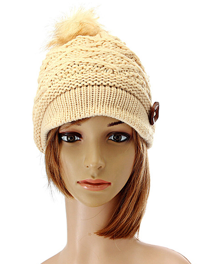 Women Button Crochet Knit Beret Hat Ski Baggy Beanie Ball Wool Cap