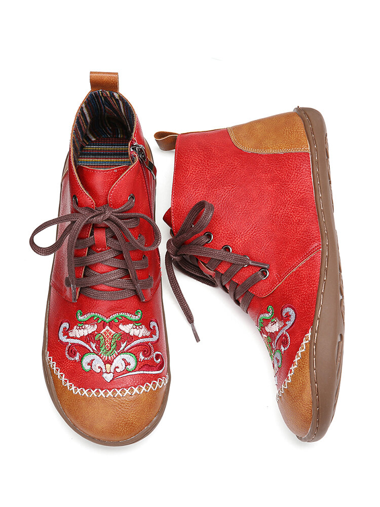 

LOSTISY Women Soft Tribal Embroidered Splicing Leather Hand Stitching Ankle Boots, Black;red