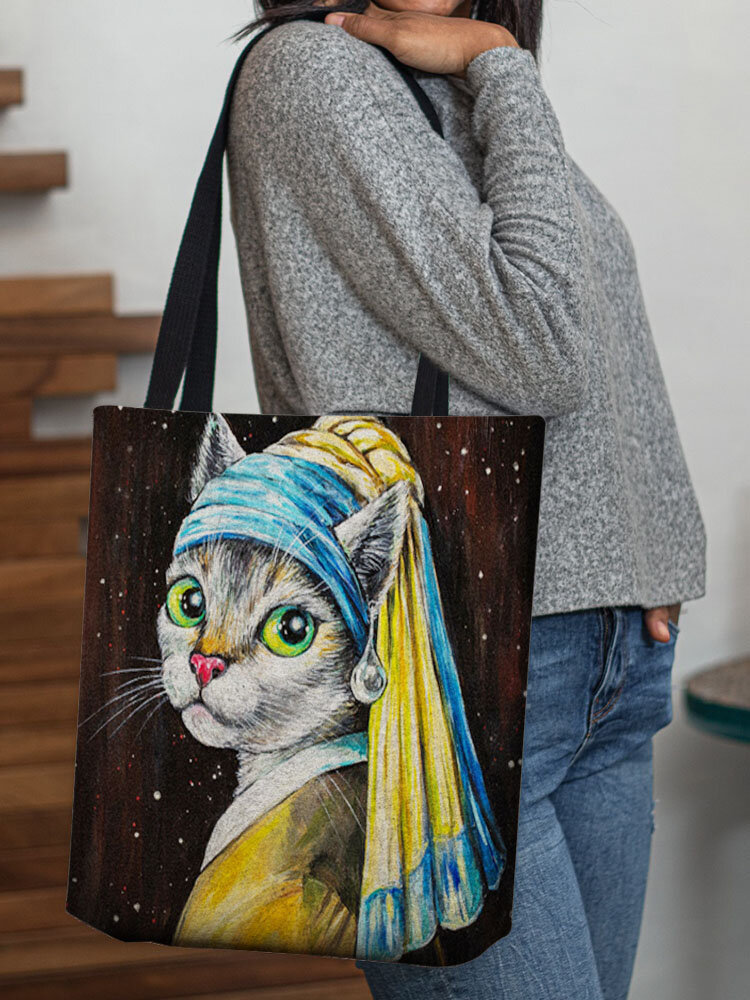 Women Pearl Girl Cat Pattern Print Shoulder Bag Handbag Tote
