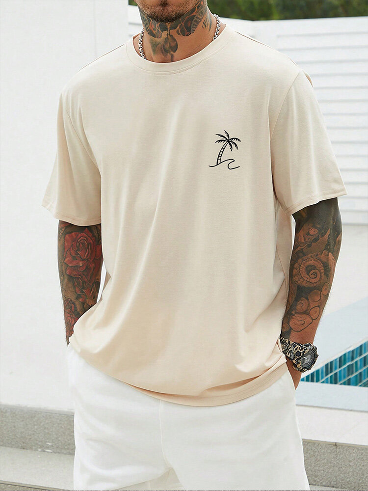 Camisetas masculinas Coco Tree Print com gola redonda e manga curta inverno