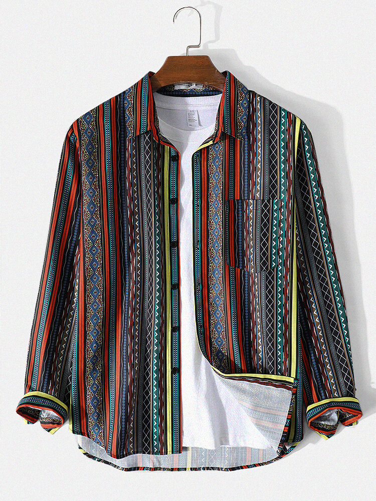 Mens Tribal Pattern Striped Print Vintage Lapel Casual Shirt