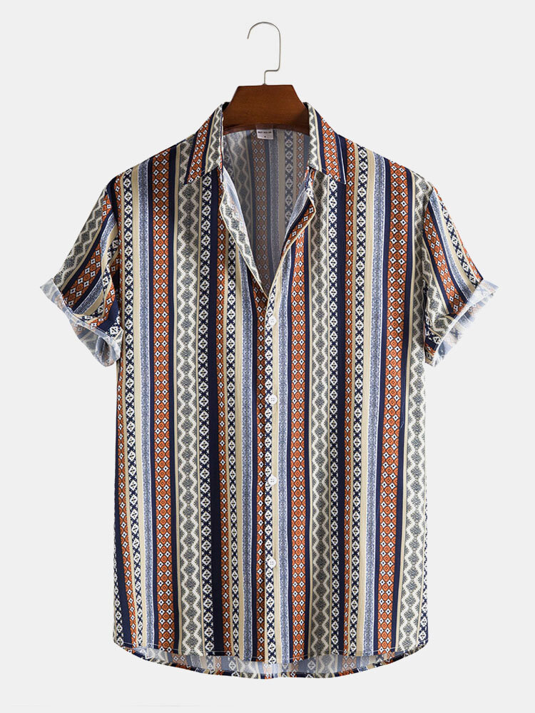 Mens Ethnic Style Geometry Print Lapel Short Sleeve Button Up Shirt