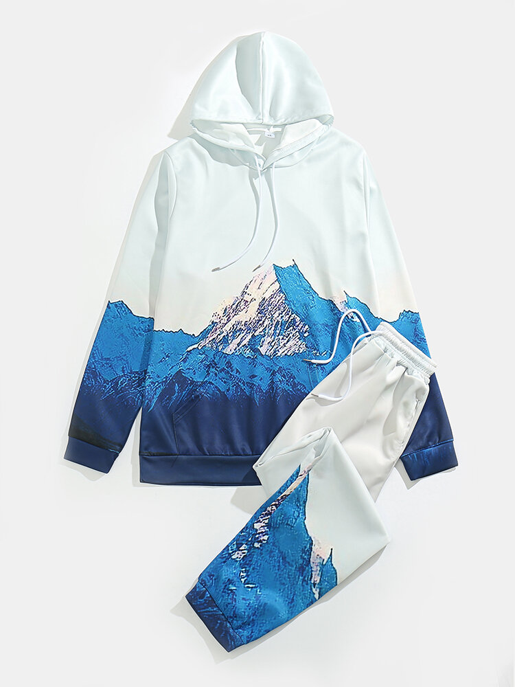 Mens Mountain Print Drawstring Hoodie Loose Two Pieces Outfits With Pocket