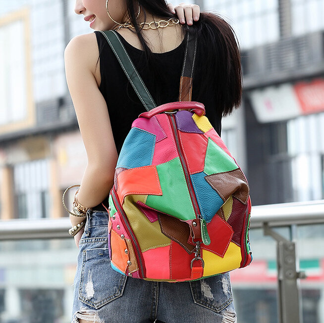 Women Casual Patchwork Genuine Leather Large Capacity Backpack