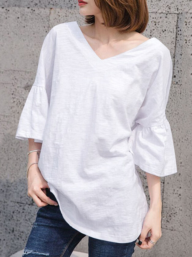 Camiseta feminina sólida com decote em V casual manga babada