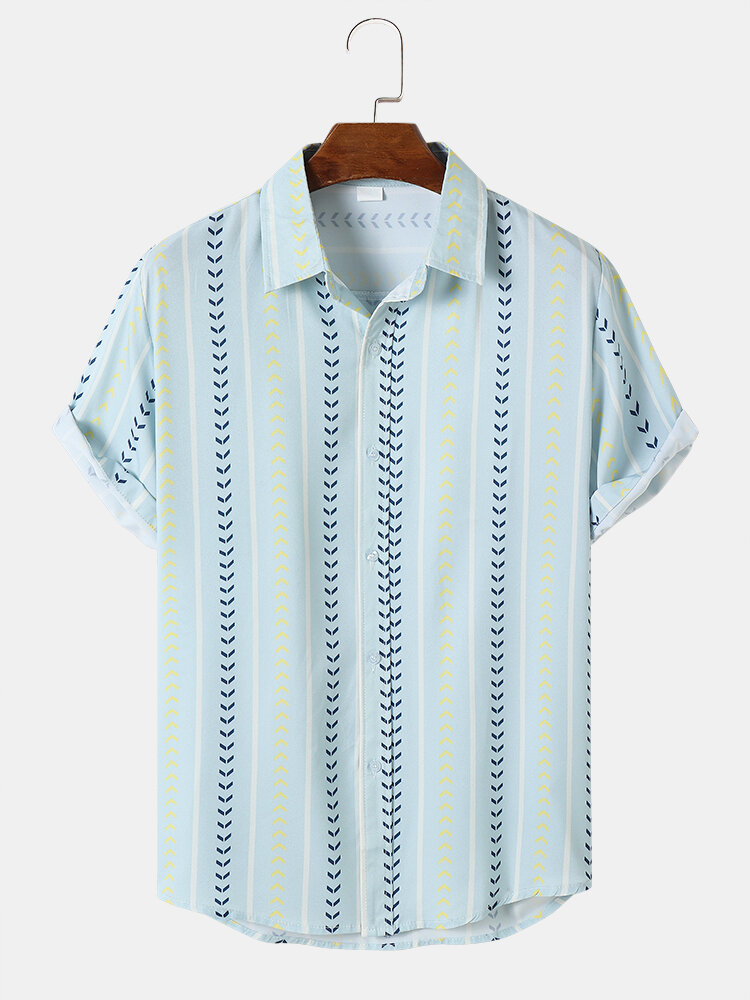 Mens Geometric Striped Print Button Up Short Sleeve Shirts