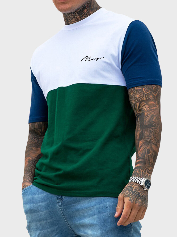 Mens Script Embroidered Color Block Patchwork Casual Short Sleeve T-Shirts Winter