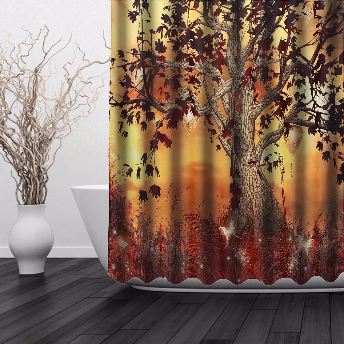 Old Tree Autumn Nature Butterflies Shower Curtain Waterproof Fabric Bath Screen 150x180cm