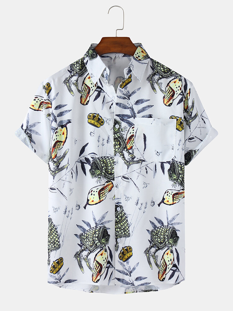 Mens Plant Printed Light Casual Short Sleeve Shirts With Pocket