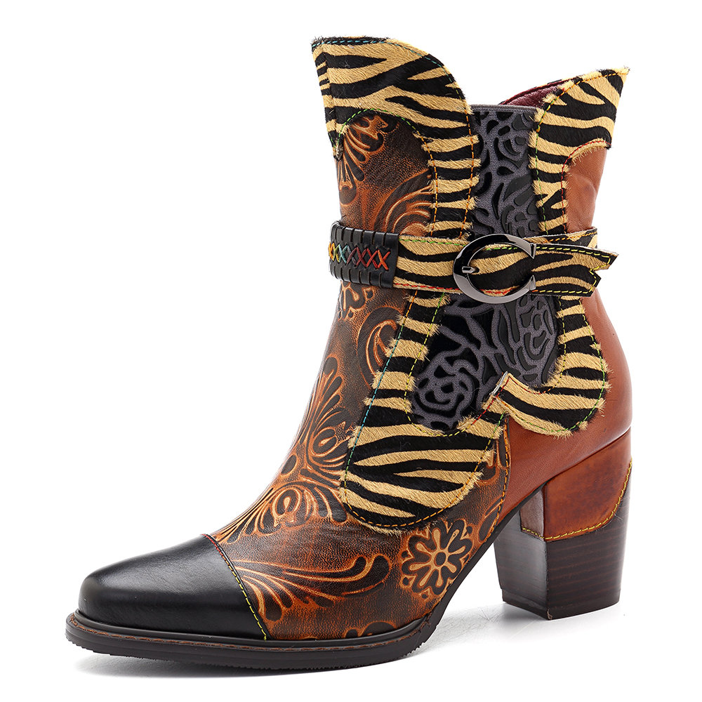 SOCOFY Handmade Cow Leather Splicing Retro Flower Pattern Buckle Stitching Zipper Boots