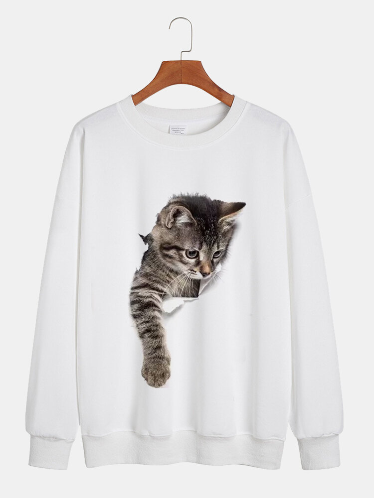 Mens 3D Cat Print Crew Neck Casual Pullover Sweatshirts