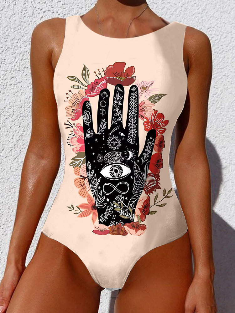 Women Floral Print Swimwear Graffiti Abstract Hand Print Open Back Wide Straps High Neck Sleeveless 