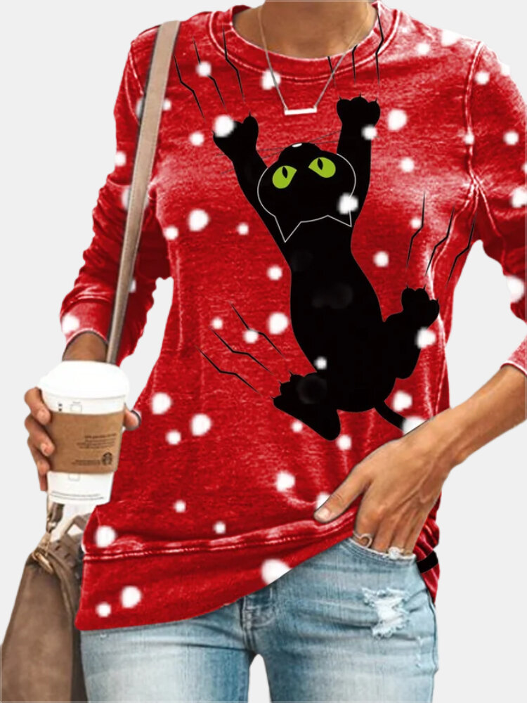Cartoon Cat Print O-neck Long Sleeve Plus Size T-shirt for Women