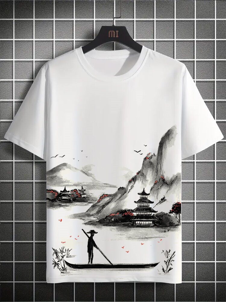 Mens Chinese Figure Landscape Ink Painting Crew Neck Short Sleeve T-Shirts Winter