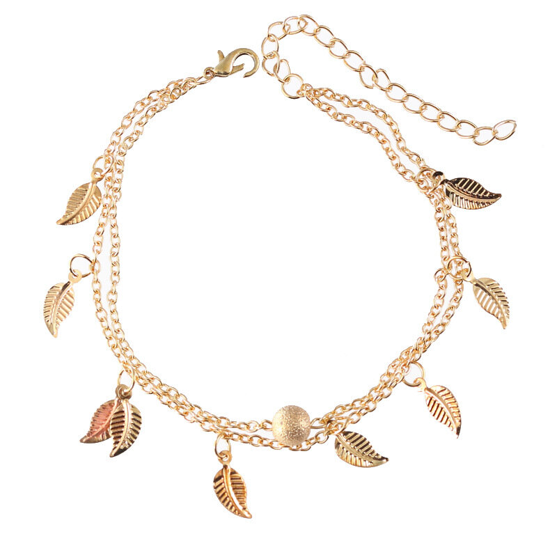 Trendy Silver Gold Color Leaf Pendant Womens Anklet Double Layer Ball Charm Anklet Bracelets