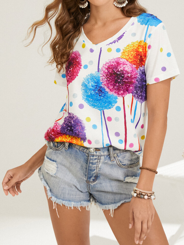 Multi-color Flower Dot Print V-neck Short Sleeve Casual T-Shirt