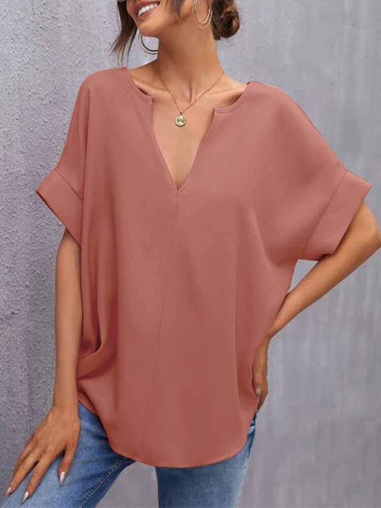 Solid V Neck Short Sleeve Loose Casual Blouse