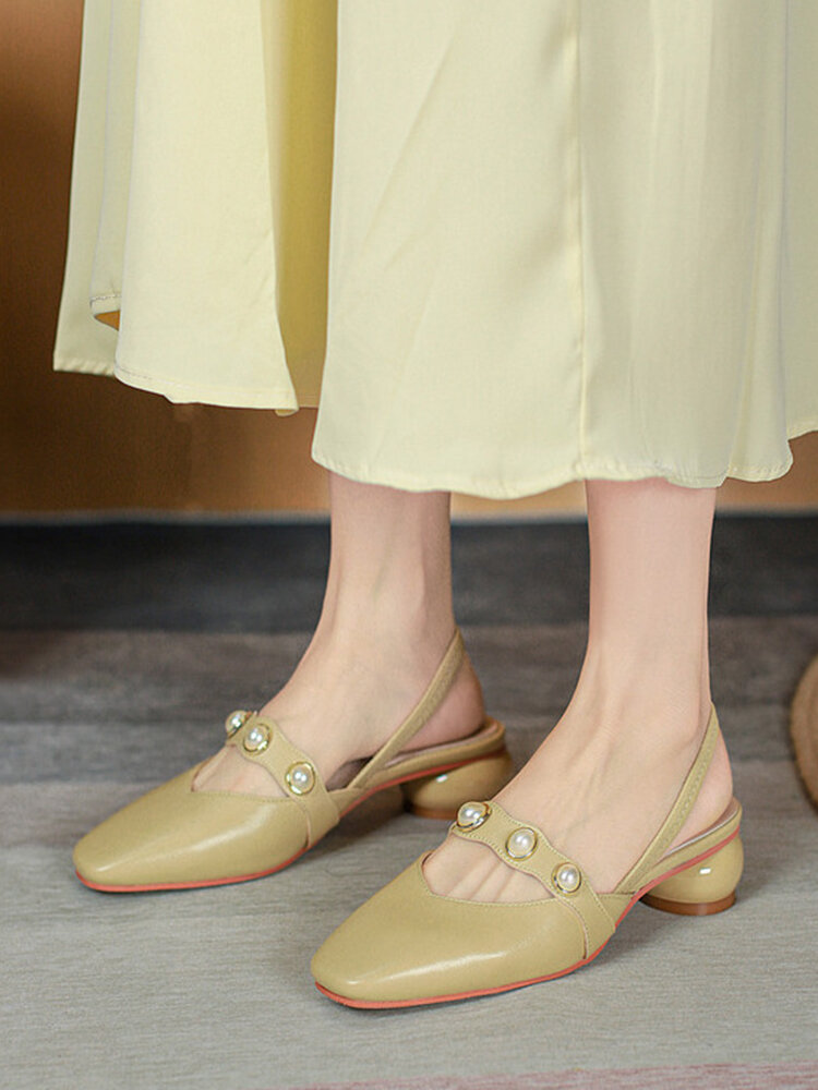 Women Fashion Elegant Pearl Decor Comfy Square Toe Mary Jane Heels
